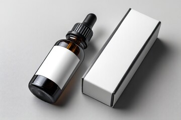 Serum Bottle and Box Mockup: A sleek serum bottle with a dropper alongside its corresponding box, a visually appealing representation of skincare, cosmetics, or health-related product presentation.