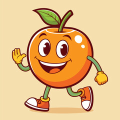 Groovy orange mascot. Funky retro character. cartoon apple, smiling, walking. Funny vintage trendy style character. Doodle Comic collection 