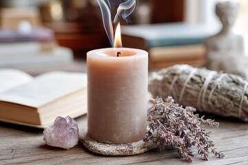 Lit candle with smoke, lavender, sage bundle, crystal and open book on wooden table creating a spiritual and cozy atmosphere