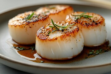 Four perfectly seared scallops seasoned with herbs on a plate.