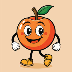 Groovy orange mascot. Funky retro character. cartoon apple, smiling, walking. Funny vintage trendy style character. Doodle Comic collection 
