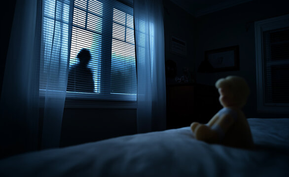 Dark shadowy figure with glowing eyes staring through a window into a dimly lit bedroom with a teddy bear.
