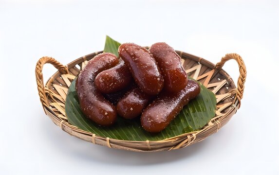 Glistening dark brown lyangcha sweets on a banana leaf in a woven basket.