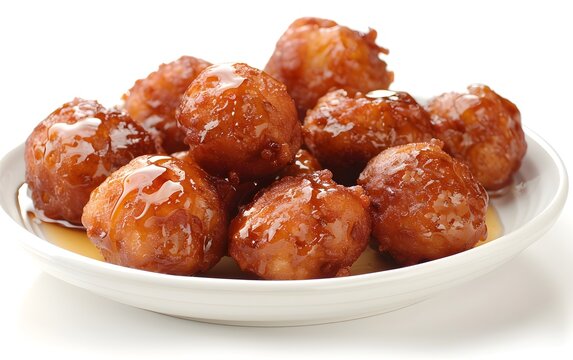 Golden-brown fritters, possibly coquitos or loukoumades, glistening with syrup in a white bowl.