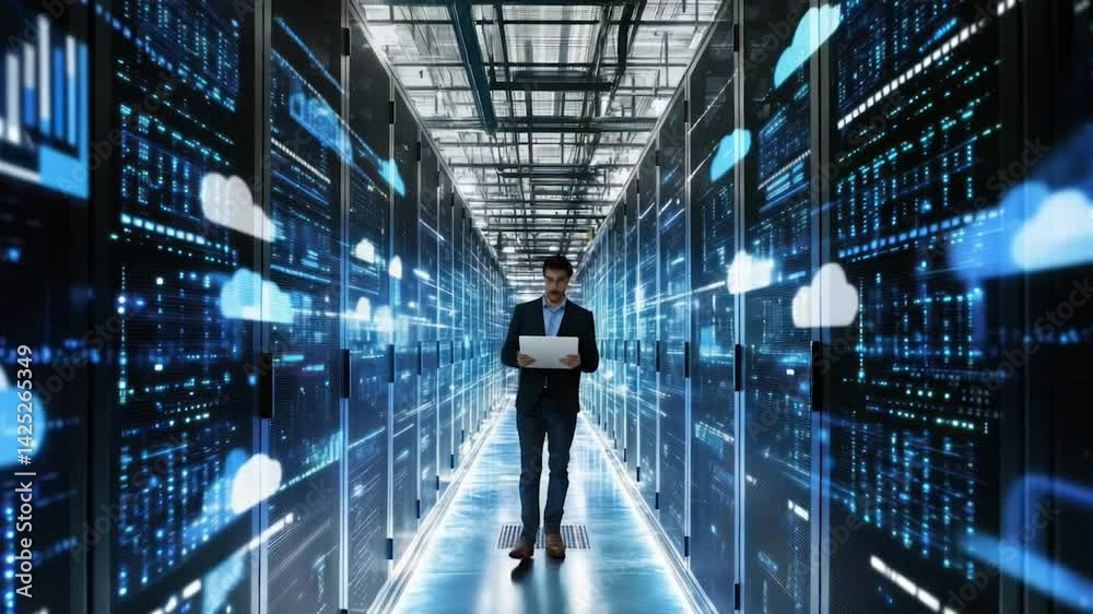 Aufkleber Businessperson in a server room with cloud computing graphics.