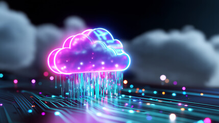 Glowing neon cloud icon representing cloud computing with digital data streams flowing through a futuristic network.
