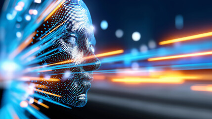 Futuristic digital human head with glowing circuits and light trails symbolizing artificial intelligence and technology.
