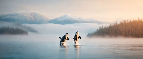 Fototapeta premium Orcas breaching in tranquil water. Mountains, trees, and mist create a scenic landscape