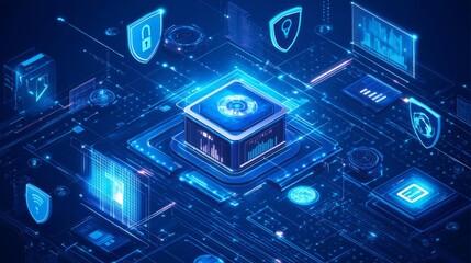 Fototapeta premium an image that showcases a digital vault surrounded by various security icons (like shields, firewalls, and locks). Show a central alert notification system monitoring the vault in real-time. The backg
