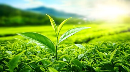 Obraz premium Tea Plant's Emerald Canopy: A close-up of vibrant green tea plant leaves unfurls, thriving amidst an expansive tea plantation beneath a radiant sun, capturing the essence of nature's vitality.
