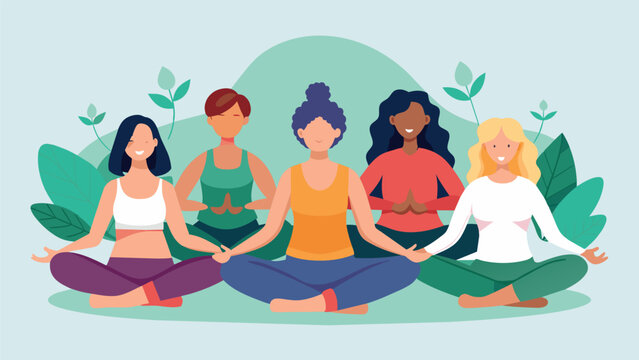 A group of women with chronic fatigue syndrome practicing a slow and restorative form of yoga allowing them to recharge and relax their bodies and. Vector illustration