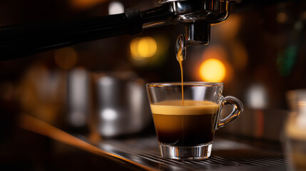 Fresh espresso pouring into a glass cup from a coffee machine in a warm, cozy café setting.
