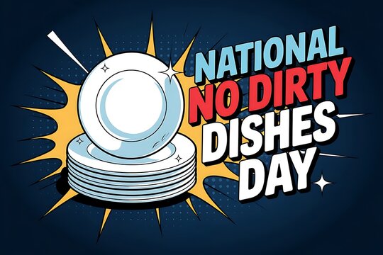 Celebrate National No Dirty Dishes Day! A stack of clean plates bursts from a vibrant, comic-style explosion against a dark blue background.