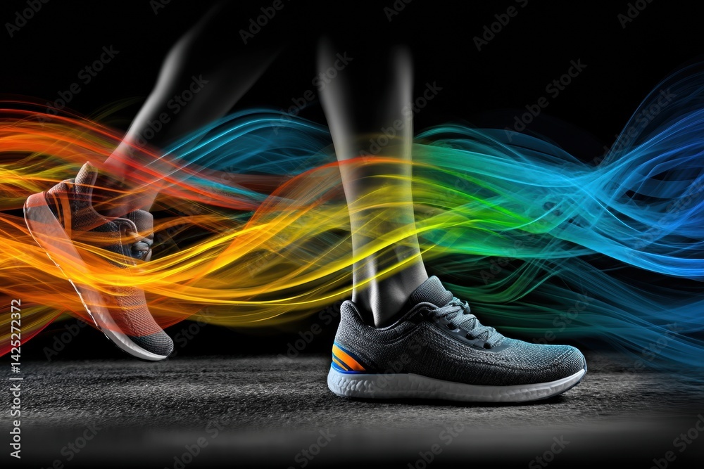 Aufkleber Colorful Motion Trails Capture the Energy of Athletic Shoes in Action During an Intense Running Session