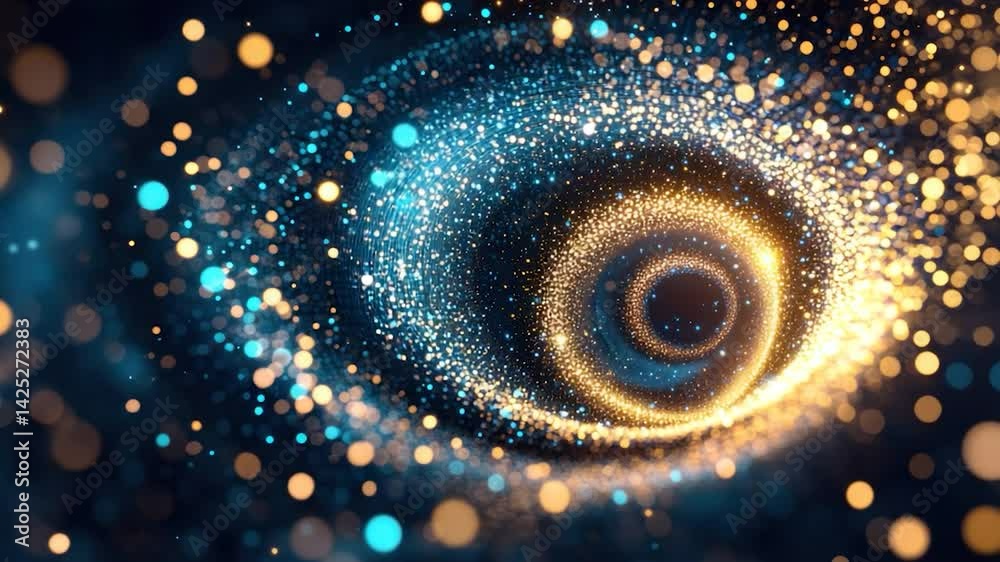 Poster abstract swirling particles of light in dark space.