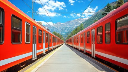 Obraz premium Red trains at mountain station