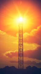 A communication tower stands against a vibrant sunset, symbolizing connectivity and technology.