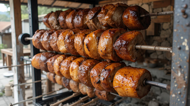 Large outdoor rotisserie with roast traditional Greek food of "kontosouvli" pieces of meat of chicken lamb and pork in village Monodentri  in Greece