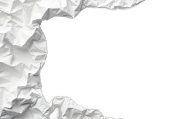 Crumpled white paper texture background, detailed folds and creases, minimalist style, ideal for graphic design, web backgrounds, artistic projects, print media. Isolated on transparent background.