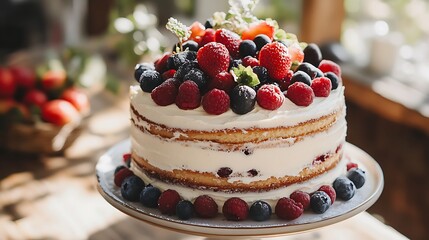 Cake with Fresh Berries on Tabletop for Celebration
