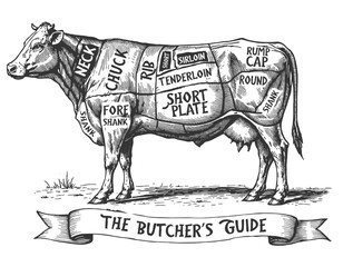 Meat cuts. Diagrams for butcher shop. Scheme of beef. Animal hand drawn beef diagram. Vector illustration.