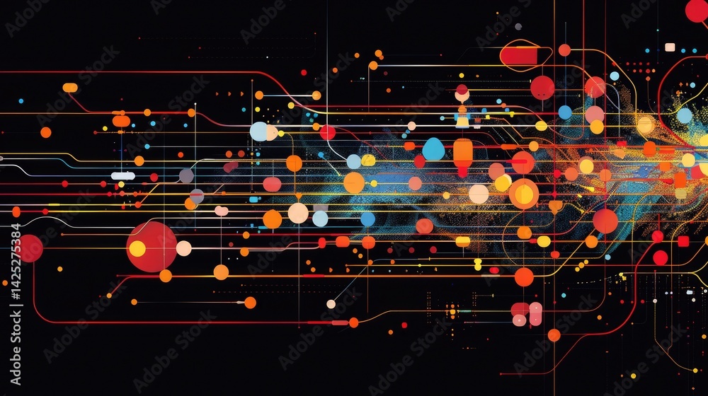 Poster explore a vibrant abstract data visualization featuring colorful circuits and dynamic patterns, idea