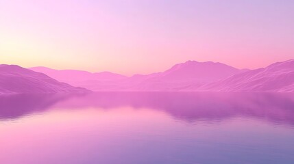 Obraz premium Serene landscape with mountains and a tranquil lake at sunset, featuring soft pink hues.