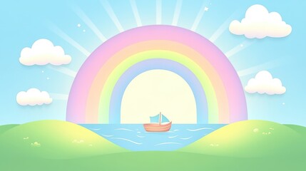 Pastel Rainbow Seascape with Boat; Peaceful Kids Scene; Background Use