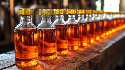 Amber liquid in small bottles on a wooden surface