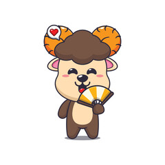 Cute ram cartoon vector illustration with hand fan