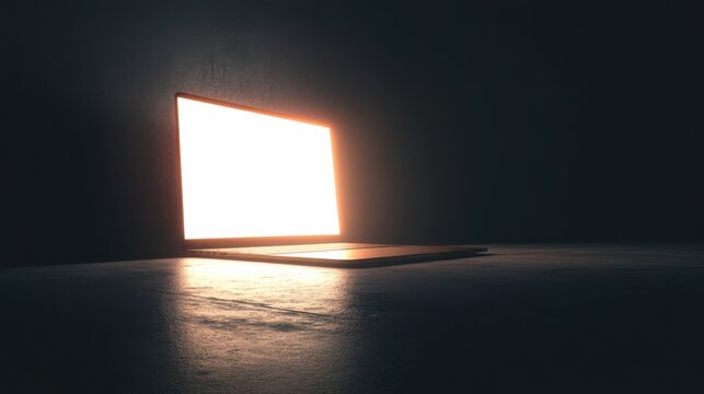 Open laptop screen radiating light in complete darkness, emphasizing surrounding void 