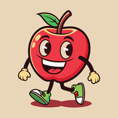 Groovy apple mascot. Funky retro character. cartoon apple, smiling, walking. Funny vintage trendy style character. Doodle Comic collection 