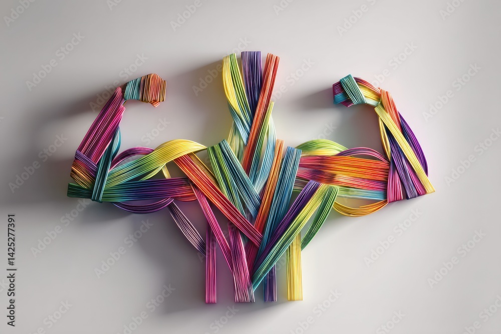 Poster abstract art representation of muscle strength created with colorful rainbow ribbons showcasing well