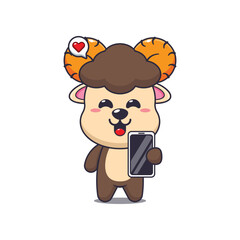 Cute ram cartoon vector illustration with mobile phone