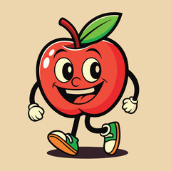 Groovy apple mascot. Funky retro character. cartoon apple, smiling, walking. Funny vintage trendy style character. Doodle Comic collection 