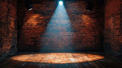 Classic comedy stage with brick wall backdrop, a bright center spotlight highlighting the stage floor, no furniture or props