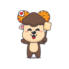 Cute ram cartoon vector illustration eating marshmallow