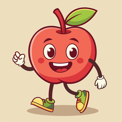 Groovy apple mascot. Funky retro character. cartoon apple, smiling, walking. Funny vintage trendy style character. Doodle Comic collection 