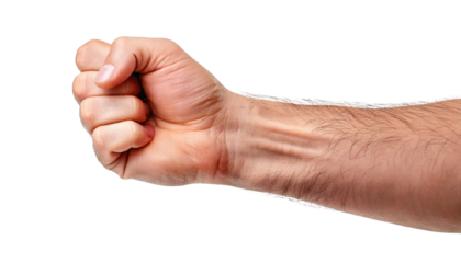 A realistic close-up of a clenched human fist with visible arm hair and detailed skin texture, captured from a side angle against a black background, showcasing the natural muscle tension Png