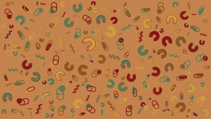 Pattern of multicolored shapes on a brown background suitable for artistic backgrounds, textile prints, packaging designs, and website backgrounds.