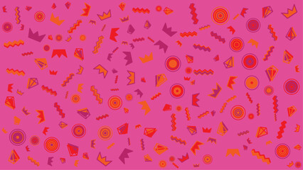 Pink background with orange, red and purple crowns, diamonds, zigzags, and circles. Ideal for royalthemed designs or vibrant party invitations.