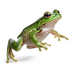 Fototapeta premium Vibrant Green Frog Leaping Against White Background