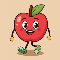 Groovy apple mascot. Funky retro character. cartoon apple, smiling, walking. Funny vintage trendy style character. Doodle Comic collection 