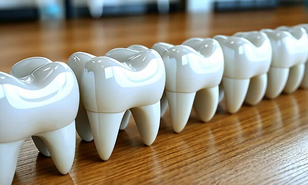 Row of glossy white molar teeth on wooden surface, close-up shot