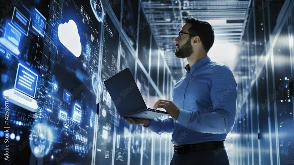 Poster it professional working in a server room with holographic displays.