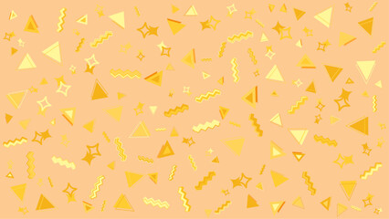 Pattern of yellow triangles, stars, and zigzags on orange background. Suitable for digital backgrounds, print designs, packaging, textiles, and branding.