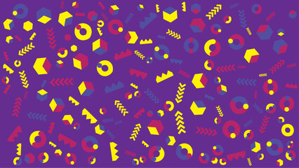 Colorful geometric shapes on a purple background create a vibrant and dynamic visual. Suitable for abstract backgrounds or modern design projects.