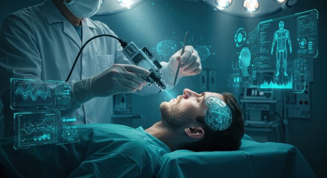 A surgeon is engaged in a complex medical procedure, utilizing a high-tech tool to treat a patient. The operating room is illuminated by overhead lights, casting a bright glow on the sterile