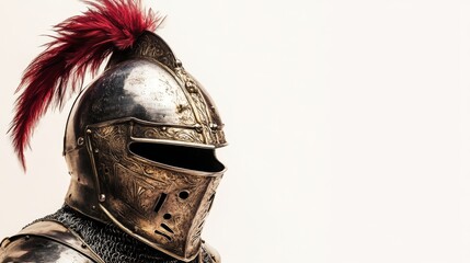 A detailed view of an ornate knight helmet featuring a vibrant red plume. This armor symbolizes honor and bravery in battles throughout history. Generative AI