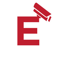 Initial Letter E Security Camera Icon, CC tv Symbol Vector Template